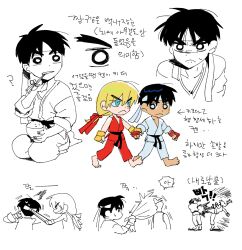 Rule 34 | 2boys, aged down, athanjccgg, black hair, blonde hair, blush, bowl, collage, confused, cropped torso, dougi, eating, expressions, eyelashes, forked eyebrows, frown, full body, grabbing another&#039;s hair, grin, headband, highres, holding hands, huge eyebrows, jitome, ken masters, kicking, korean text, looking ahead, male focus, medium hair, multiple boys, rice, ryu (street fighter), seiza, shy, sitting, smile, street fighter, translation request, v-shaped eyebrows, yaoi