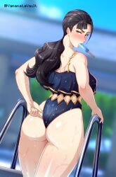 Rule 34 | 1girl, adjusting clothes, adjusting swimsuit, alternate costume, ass, bare shoulders, black hair, black one-piece swimsuit, blush, breasts, brown eyes, fire emblem, fire emblem engage, food in mouth, full-face blush, gold trim, highres, large breasts, long hair, looking at viewer, looking back, mitan (fire emblem), mouth hold, nintendo, one-piece swimsuit, pool, pool ladder, popsicle, popsicle in mouth, solo, swimsuit, twitter username, wet, wet clothes, wet swimsuit, yamanata