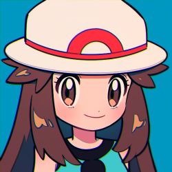 Rule 34 | 1girl, blue shirt, brown eyes, brown hair, bucket hat, chueog, closed mouth, commentary, creatures (company), eyelashes, game freak, hair flaps, hat, leaf (pokemon), long hair, looking at viewer, lowres, nintendo, pokemon, pokemon frlg, portrait, shirt, sleeveless, sleeveless shirt, smile, solo, white hat