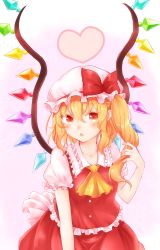 Rule 34 | 1girl, :o, ascot, blonde hair, blouse, blush, collarbone, flandre scarlet, twirling hair, hat, hat ribbon, heart, highres, looking at viewer, mob cap, puffy short sleeves, puffy sleeves, red eyes, red ribbon, red skirt, ribbon, shirt, short sleeves, side ponytail, simple background, skirt, skirt set, solo, touhou, umino (anesthesia), vest, wings