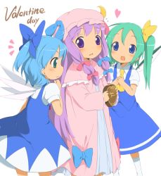 Rule 34 | 3girls, aged down, blush, bow, candy, chocolate, chocolate heart, cirno, daiyousei, embodiment of scarlet devil, english text, engrish text, female focus, food, hat, heart, kareha aki, mob cap, multiple girls, patchouli knowledge, pink bow, ranguage, simple background, touhou, valentine, white background, wings