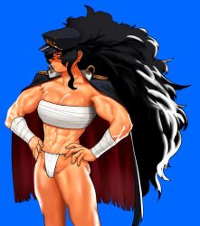 Rule 34 | 1girl, abs, biceps, big hair, black cape, black hair, blue background, cape, cessa, chest sarashi, cowboy shot, daidouji (senran kagura), hands on own hips, hat, long hair, muscular, muscular female, peaked cap, profile, pubic hair, pubic hair peek, sarashi, senran kagura, simple background, solo, very long hair