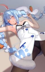 Rule 34 | 1girl, absurdres, animal ear fluff, animal ears, arm up, armpits, bare arms, bare shoulders, black leotard, black pantyhose, blue hair, blush, braid, breasts, cameltoe, carrot hair ornament, closed eyes, commentary request, dappled sunlight, don-chan (usada pekora), dress, drooling, food-themed hair ornament, fur-trimmed dress, fur scarf, fur trim, gluteal fold, gradient background, grey background, hair ornament, hand up, highres, hololive, leotard, leotard under clothes, lying, multicolored hair, norato, on back, open mouth, pantyhose, playboy bunny, pom pom (clothes), rabbit ears, rabbit girl, short eyebrows, sleeping, small breasts, solo, strapless, strapless dress, strapless leotard, sunlight, thick eyebrows, thighs, twin braids, two-tone hair, usada pekora, usada pekora (1st costume), virtual youtuber, white dress, white hair