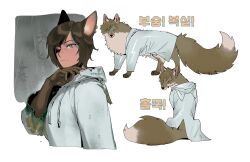 Rule 34 | 1girl, animal ear fluff, animal ears, animal hands, animal hood, animalization, artist name, brown eyes, brown hair, brown sclera, closed eyes, closed mouth, colored sclera, commentary, cropped torso, dark-skinned female, dark skin, drawstring, e.g.o (project moon), ear piercing, expressionless, fox, fox ears, fox tail, hood, hood down, korean text, limbus company, long sleeves, looking at viewer, mismatched pupils, mismatched sclera, multiple views, outis (project moon), piercing, project moon, rain, raincoat, short hair, simple background, sitting, slit pupils, symbol-only commentary, tail, tollmlycat, torn clothes, torn sleeves, twitter username, upper body, water drop, wet, wet clothes, wet hair, white background, white raincoat, wrinkled skin, yellow pupils