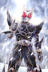 Rule 34 | 1boy, armor, belt, blood, bodysuit, commentary request, crack, cracked mask, damaged, helmet, highres, injury, kamen rider, kamen rider kuuga, kamen rider kuuga (series), kamen rider kuuga (ultimate form), looking at viewer, male focus, red eyes, rider belt, solo, spikes, thumbs up, tokusatsu, usagipanchi