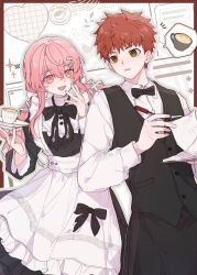 1boy 1girl alternate_costume apron artist_request black_dress blush breasts cup dress emiya_shirou enmaided fate/stay_night fate_(series) frilled_apron frills hair_ornament highres long_hair maid maid_apron momomiya_shizuku open_mouth orange_hair original pink_eyes pink_hair red_hair skirt smile source_request tea teacup twintails waist_apron white_apron