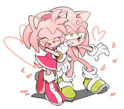 Rule 34 | 1boy, 1girl, alternate color, alternate eye color, amy rose, animal nose, arm grab, bad id, bad pixiv id, blush, boots, chiro (pez777), dress, furry, furry female, furry male, gloves, green eyes, grin, hairband, heart, petals, sega, shoes, smile, sneakers, sonic (series), sonic the hedgehog, sweatdrop, tail, white background