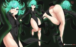 Rule 34 | 1girl, anger vein, ass, bent over, black background, bottomless, breasts, echo saber, floating clothes, flying, green hair, high heels, highres, no panties, one-punch man, petite, simple background, tatsumaki, telekinesis, thick thighs, thighs, tripping