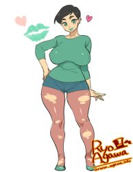 Rule 34 | 1girl, agawa ryou, artist name, bad id, bad tumblr id, black hair, breasts, curvy, ear piercing, female focus, full body, green eyes, green lips, hand on own hip, huge breasts, large breasts, pantyhose under shorts, lipstick, lipstick mark, looking at viewer, makeup, original, pantyhose, pantyhose under shorts, piercing, short hair, shorts, smile, solo, standing, thick thighs, thighs, torn clothes, torn pantyhose, watermark, web address, wide hips
