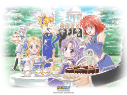 Rule 34 | 5boys, 5girls, :d, age difference, armpits, bald, banpresto, bare shoulders, black socks, blonde hair, blue eyes, blue hair, bow, bowtie, bun cover, butler, cake, chef, cherry, choker, circlet, cloud, cup, day, double bun, dress, drill hair, excellen browning, facial hair, flower, food, formal, frills, from behind, fruit, goatee, grass, hair bow, hair bun, hair ornament, halterneck, hand on own hip, happy, ibis douglas, jewelry, kneehighs, kouno sachiko, latune subbota, lolita fashion, long hair, looking at viewer, looking away, looking back, mai kobayashi, mary janes, midriff, monocle, multiple boys, multiple girls, mustache, nature, navel, off shoulder, official art, official wallpaper, old, old man, open mouth, outdoors, own hands clasped, own hands together, parted bangs, pastry, pink hair, plate, pleated skirt, ponytail, purple eyes, red hair, rose, shine hausen, shoes, short hair, side slit, sidelocks, sitting, skirt, sky, smile, socks, standing, suit, super robot wars, super robot wars original generation, sweatdrop, table, tea, teacup, teapot, tiered tray, towel, traditional bowtie, tree, turtleneck, walking, wallpaper, wavy hair, white hair, wide sleeves