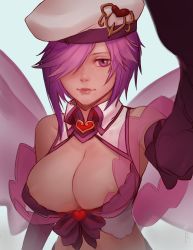 Rule 34 | 1girl, bad link, bare shoulders, beret, breasts, commission, cupid (monster girl encyclopedia), dark-skinned female, dark skin, elbow gloves, gloves, hair over one eye, hat, heart, highres, incoming headpat, large breasts, less, light smile, lips, looking at viewer, monster girl encyclopedia, pink hair, pov, reaching, reaching towards viewer, short hair, simple background, solo, upper body, white background