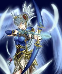 Rule 34 | 1girl, archer (fate), armor, armored dress, arrow (projectile), blue armor, blue eyes, bow (weapon), fate (series), feathers, grey hair, helmet, lenneth valkyrie, long hair, low-tied long hair, marksman, sheath, sheathed, sword, tk28, valkyrie, valkyrie profile (series), weapon, wings