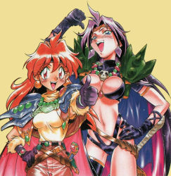 Rule 34 | 1990s (style), 2girls, araizumi rui, armlet, armor, blade, blue eyes, blush, breasts, circlet, cleavage, crop top, earrings, gloves, hair intakes, hand on own hip, headband, hip focus, jewelry, large breasts, lina inverse, long hair, looking at viewer, medium breasts, multiple girls, naga the serpent, navel, necklace, official art, open mouth, pauldrons, purple hair, red eyes, red hair, retro artstyle, revealing clothes, shoulder armor, skull, slayers, smile, sword, thumbs up, weapon