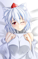 Rule 34 | 1girl, animal ears, bed, blush, breasts squeezed together, breasts, detached sleeves, embarrassed, hand on own chest, hat, imai kusu, imakyo, inubashiri momiji, large breasts, looking away, one eye closed, red eyes, short hair, silver hair, solo, tokin hat, touhou, wink, wolf ears