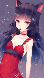 Rule 34 | 1girl, animal ears, bare arms, bichon168, black hair, choker, dress, highres, long hair, looking at viewer, original, pocky, red eyes, solo