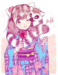 Rule 34 | 1girl, :d, amezawa koma, animal ears, blue kimono, blush, copyright request, dated, flower, hair flower, hair ornament, hands up, holding, japanese clothes, kimono, lemur, obi, one eye closed, open mouth, pink flower, pink rose, rose, sash, smile, solo, standing, wide sleeves, yellow eyes
