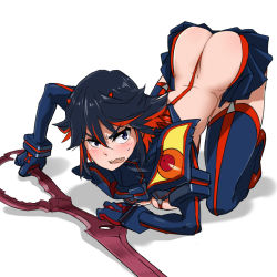 Rule 34 | 10s, 1girl, ass, bent over, between buttocks, black hair, blush, breasts, butt crack, embarrassed, fang, kill la kill, maabou, matoi ryuuko, microskirt, multicolored hair, open mouth, red hair, revealing clothes, scissor blade (kill la kill), senketsu, short hair, skirt, solo, thighhighs, top-down bottom-up, two-tone hair, underboob, weapon, white background