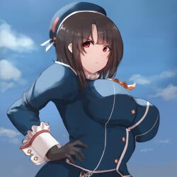 Rule 34 | 1girl, ascot, beret, black gloves, black hair, blue hat, blue sky, blush, breasts, cloud, cloudy sky, day, gloves, hagureyouma, hat, highres, kantai collection, large breasts, looking at viewer, military uniform, outdoors, red eyes, short hair, sky, smile, solo, takao (kancolle), uniform, upper body