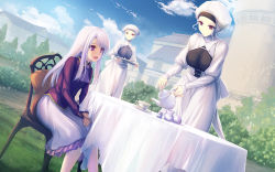 Rule 34 | 3girls, breasts, castle, chair, cup, dress, fate/stay night, fate (series), holding, holding teapot, holding tray, illyasviel von einzbern, large breasts, leysritt (fate), long hair, long sleeves, maid, multiple girls, nun, open mouth, pouring, red eyes, sella (fate), short hair, sitting, skirt, small breasts, smile, table, tablecloth, tea, teapot, tenmaso, tray, white hair