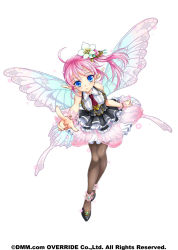 Rule 34 | 1girl, anklet, black footwear, black skirt, blue eyes, butterfly wings, flower, frills, full body, hair flower, hair ornament, highres, insect wings, jewelry, kanpani girls, keroyon, lily (flower), luca (kanpani girls), necktie, official art, pantyhose, pink hair, pointing, pointy ears, red necktie, shoes, short hair, side ponytail, skirt, smile, solo, white background, wings, wrist cuffs