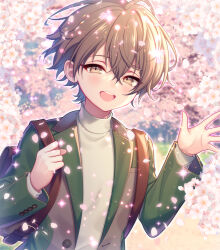 Rule 34 | 1boy, aged down, backpack, bag, brown eyes, brown hair, cherry blossoms, child, chiyu (silverxxxx), green jacket, jacket, kagami hayato, long sleeves, male focus, nijisanji, open mouth, shirt, short hair, smile, solo, sweater, turtleneck, turtleneck sweater, virtual youtuber, waving, white shirt