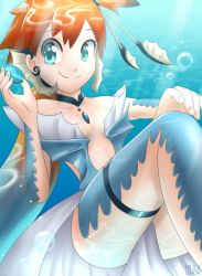 Rule 34 | 1girl, artist name, bare shoulders, blue background, blue eyes, blue neckwear, breasts, bubble, choker, collarbone, cosplay, creatures (company), female focus, game freak, gen 1 pokemon, hair tie, hand up, holding, light rays, long hair, misty (pokemon), nintendo, orange hair, pokemon, pokemon (anime), pokemon rgby, ponytail, rilex lenov, side ponytail, simple background, small breasts, smile, solo, sunbeam, sunlight, text focus, thigh strap, underwater, vaporeon, vaporeon (cosplay), very long hair, water, watermark