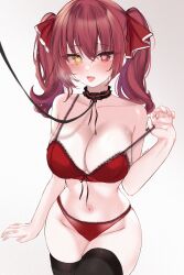 Rule 34 | 1girl, acedia, bare shoulders, black choker, black thighhighs, blush, bra, breasts, choker, cleavage, collar, collarbone, commentary request, cowboy shot, frilled choker, frills, hair ornament, heart, heart-shaped pupils, heavy breathing, heterochromia, highres, hololive, houshou marine, large breasts, leash, navel, open mouth, panties, pet play, red bra, red eyes, red hair, red panties, simple background, solo, stomach, strap slip, sweat, symbol-shaped pupils, thighhighs, twintails, underwear, underwear only, virtual youtuber, white background, yellow eyes