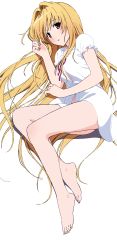 Rule 34 | 1girl, absurdres, barefoot, blonde hair, bottomless, brown eyes, dress, dress shirt, feet, female focus, from above, full body, highres, konjiki no yami, long hair, looking at viewer, lying, official art, on side, open mouth, red eyes, shirt, simple background, sleepwear, solo, to love-ru, toes, white background, white dress, white shirt, yabuki kentarou