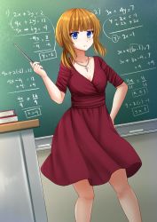 Rule 34 | 1girl, blue eyes, blush, book, book stack, breasts, brown hair, chalkboard, collarbone, commission, cross, cross necklace, dress, freckles, hair tie, hand on own hip, highres, holding, jewelry, kazenokaze, low twintails, medium breasts, necklace, original, pointer, red dress, short sleeves, sidelocks, solo, standing, twintails, v-shaped eyebrows