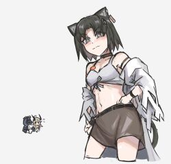 Rule 34 | 1other, 2girls, animal ears, arknights, astrograph21, bare shoulders, black hair, cat ears, chibi, commentary, cosplay, crop top, doctor (arknights), grey eyes, grey hair, grey skirt, hand on own hip, highres, mandragora (arknights), midriff, miniskirt, multiple girls, navel, reed (arknights), reed (arknights) (cosplay), short hair, skirt, stomach