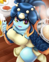 Rule 34 | 1girl, alcohol, apron, beer, beer mug, blue skin, blunt bangs, blurry, breasts, bugge man, collarbone, colored sclera, colored skin, cup, depth of field, female focus, fish girl, glass, hair ornament, highres, medium breasts, minette (skullgirls), monster girl, mug, open mouth, pink eyes, scales, shell, skullgirls, solo, thick thighs, thighhighs, thighs, waitress, yellow sclera