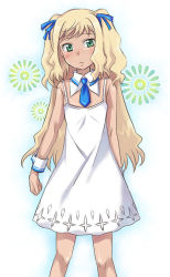 Rule 34 | 00s, 1girl, blonde hair, blush, dress, embarrassed, female focus, flat chest, frown, green eyes, gundam, gundam 00, gundam 00f, gundam 00p, hair ribbon, kuro (pizz66), long hair, necktie, ribbon, sherilyn hyde, short twintails, solo, standing, sundress, twintails, two side up, very long hair, wrist cuffs