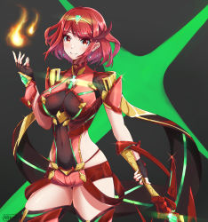 Rule 34 | 1girl, absurdres, aegis sword (xenoblade), black gloves, breasts, chest jewel, earrings, fingerless gloves, gem, gloves, headpiece, highres, holding, holding sword, holding weapon, jewelry, large breasts, light, nintendo, nithros, pyra (xenoblade), red eyes, red hair, red shorts, red thighhighs, short hair, short shorts, shorts, swept bangs, sword, thighhighs, tiara, weapon, xenoblade chronicles (series), xenoblade chronicles 2