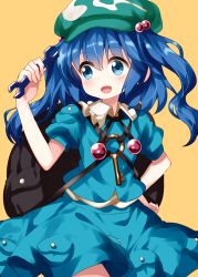 Rule 34 | 1girl, backpack, bag, blue eyes, blue hair, blue shirt, blue skirt, blush, cabbie hat, commentary request, cowboy shot, frilled shirt collar, frills, green hat, hair between eyes, hair bobbles, hair ornament, hand on own hip, hand up, hat, highres, holding, holding wrench, kawashiro nitori, key, long hair, open mouth, pouch, puffy short sleeves, puffy sleeves, ruu (tksymkw), shirt, short sleeves, simple background, skirt, smile, solo, standing, touhou, two side up, wrench, yellow background