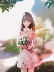Rule 34 | 1girl, bouquet, brown eyes, brown hair, closed mouth, collared dress, dress, earrings, expressionless, floral print, flower, highres, holding, holding flower, jewelry, long hair, long sleeves, looking at viewer, ojay tkym, original, outdoors, pink dress, plant, solo, standing, sunlight, tree, white flower