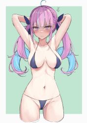 Rule 34 | 1girl, absurdres, ahoge, anger vein, armpits, arms behind head, arms up, bikini, blue bikini, blue hair, blush, border, breasts, cameltoe, closed mouth, cropped legs, dot nose, drill hair, groin, highres, hololive, large breasts, light blue hair, long hair, looking at viewer, micro bikini, minato aqua, navel, nose blush, pink eyes, pink hair, shiroshiroshiro111, solo, spoken anger vein, stomach, swimsuit, twin drills, twintails, virtual youtuber, white border