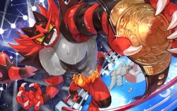 Rule 34 | @ @, audience, championship belt, claws, colored sclera, commentary request, creatures (company), furry, game freak, gen 1 pokemon, gen 7 pokemon, glint, green eyes, grin, highres, holding, incineroar, lens flare, light, looking at viewer, lying, machamp, muscular, nintendo, on back, pokemon, pokemon (creature), sharp teeth, smile, spread legs, sweat, tapioka chaso, teeth, unconscious, wet, wrestling ring, yellow sclera