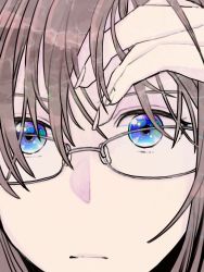 Rule 34 | 1girl, blue eyes, brown hair, closed mouth, commentary request, copyright request, expressionless, fingernails, glasses, grey-framed eyewear, hand up, looking at viewer, multicolored eyes, portrait, purple eyes, solo, yami (m31)