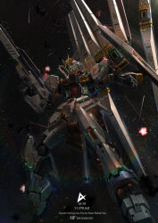 absurdres artist_name asteroid beam_rifle brayanong999 char&#039;s_counterattack character_name commentary energy_gun english_text explosion fin_funnels full_body glowing glowing_eyes green_eyes gun gundam highres holding holding_gun holding_weapon insignia legs_apart lens_flare light_particles mecha mecha_focus mobile_suit no_humans nu_gundam open_hand robot science_fiction solo space star_(sky) v-fin weapon