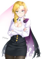 Rule 34 | 1girl, 2017, artist name, black cape, black pantyhose, black skirt, blonde hair, breasts, brooch, cape, cleavage, cleavage cutout, closed mouth, clothing cutout, cowboy shot, crossed arms, crystal earrings, dissolving clothes, earrings, glasses, glynda goodwitch, green eyes, high-waist skirt, high collar, jewelry, large breasts, long sleeves, looking at viewer, lulu-chan92, miniskirt, pantyhose, rwby, skirt, smile, solo, torn cape, torn clothes
