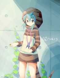 Rule 34 | 10s, 1girl, absurdres, aqua hair, black eyes, bow, character name, hand in pocket, highres, holding, hood, hoodie, ivy, japari coin, japari symbol, kemono friends, long sleeves, looking at viewer, snake tail, solo, striped, tail, tsuchinoko (kemono friends), uepon (shimo ponzu)