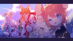 6+girls amora_lumina blaise_shinryu blonde_hair blue_eyes eien_project highres kasumi_mai_(artist) kiki_lockheart kurayami_kilia looking_at_viewer mirri_saffire multiple_girls nanimo_navi pink_hair red_hair short_hair skye_shinryu smile virtual_youtuber yellow_eyes zumi_dokumi