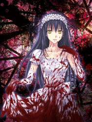 Rule 34 | 1girl, bad id, bad pixiv id, black hair, blood, blood on face, clothes lift, collarbone, decoration disorder disconnection, dress, dress lift, elbow gloves, female focus, gloves, headdress, hitoha, ishizue kanata, long hair, solo, torn clothes, type-moon, wedding dress, yellow eyes