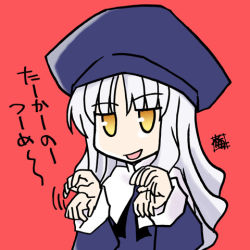 Rule 34 | 00s, 1girl, afterimage, beret, blank eyes, caren hortensia, fate/stay night, fate (series), hat, jitome, kairakuen umenoka, long sleeves, looking at viewer, lowres, outstretched arms, red background, silver hair, simple background, solo, text focus, upper body, wavy hair, yellow eyes, zombie pose