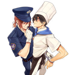 Rule 34 | 10s, 2boys, black hair, blush, chef, chef hat, cuffs, free!, future fish, gloves, handcuffs, hat, key, male focus, matsuoka rin, megumi-square, multiple boys, nanase haruka (free!), police, police hat, police uniform, red eyes, red hair, short hair, simple background, smile, uniform, white background, yaoi