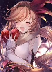 Rule 34 | 1girl, 40 (0f0urw), absurdres, bare shoulders, blush, breasts, clarisse (granblue fantasy), clarisse (valentine) (granblue fantasy), closed eyes, granblue fantasy, hair ribbon, headband, heart, highres, long hair, low twintails, orange hair, ribbon, solo, twintails