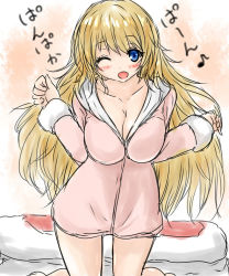 Rule 34 | 10s, 1girl, atago (kancolle), blonde hair, blue eyes, blush, breasts, clenched hand, female focus, forearms at chest, jacket, kantai collection, large breasts, long hair, musical note, no headwear, no headwear, nukoyarou, one eye closed, open mouth, pillow, quaver, smile, solo, translation request