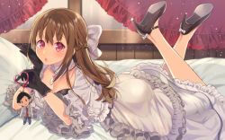 Rule 34 | 1girl, :o, artist request, ass, bow, braid, breasts, brown hair, cleavage, doll, dress, gloves, high heels, highres, jewelry, koi suru kanojo no bukiyou na butai, legs up, long hair, lying, medium breasts, necklace, no socks, on bed, on stomach, pink eyes, shoe soles, shoes, solo, togawa mayuu