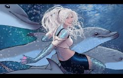Rule 34 | 1girl, aquaman (series), back, blue eyes, bubble, dc comics, dolphin, dolphin (dc comics), long hair, ponytail, scales, solo, stjepan sejic, teeth, toon (style), torn clothes, underwater