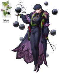 Rule 34 | 1girl, absurdres, berry, black footwear, black hair, black pants, book holster, breasts, cape, cleavage, earrings, food, fruit, full body, glint, gloves, green gloves, grey eyes, high heels, highres, jewelry, large breasts, long sleeves, looking at viewer, necklace, original, pants, poison, rinotuna, short hair, simple background, skull, smile, solo, standing, white background